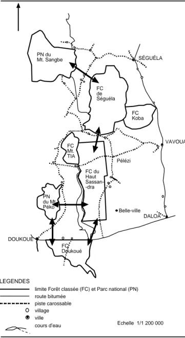 Figure 5. Proposition de couloirs de migration des éléphants autour de la Forêt classée du Haut-Sassandra ; les flèches correspondent aux propositions des couloirs de migrations.