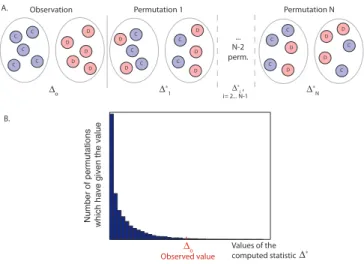 Fig. 1. General procedure of a permutation test. Given the observed value of the statistic, values corresponding to N permutations of the labels are computed