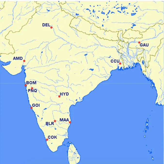 Figure 2: Carte des aéroports indiens proposant plus de 1 000 000 de SKO   