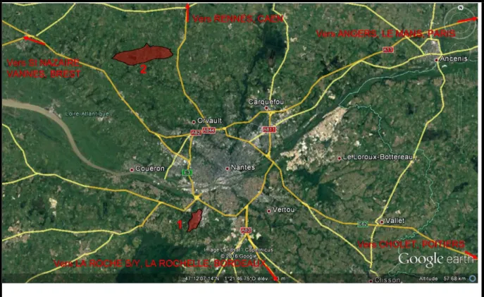 Figure  2: Situations géographiques de l’aéroport Nantes -Atlantique et de la ZAD de Notre - -Dame -des-Landes 