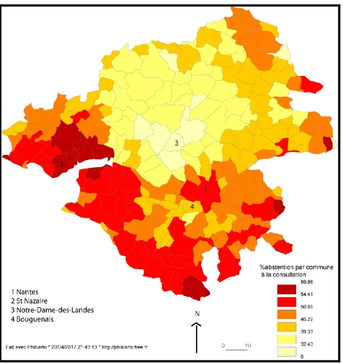 Figure  5 : Carte des taux d’abstention par commune, de la consultation de juin 2016 sur le  transfert de l’aéroport de Nantes à Notre-Dame-des-Landes 