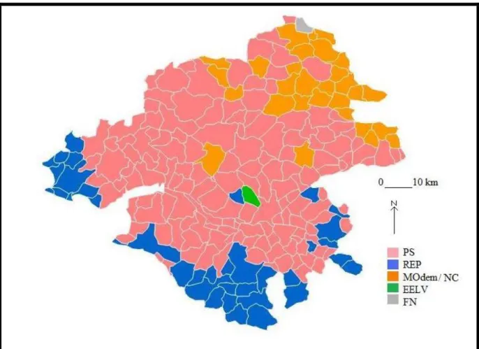 Figure  10: Carte des résultats du premier tour des élections législatives de 2012, par commune,  en Loire -Atlantique  