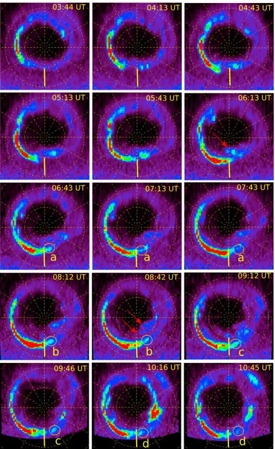 Figure 1. A sequence of polar projections of Saturn’s northern aurora obtained with the FUV channel of UVIS on board Cassini