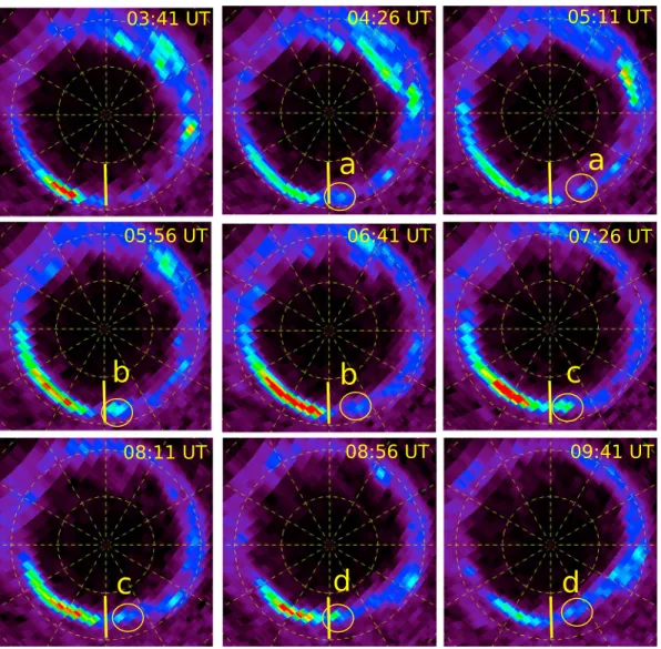 Figure 2. A sequence of polar projections of Saturn’s southern aurora obtained with the FUV channel of UVIS on board Cassini