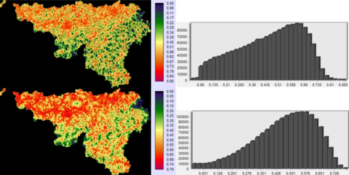Figure 2. Probability maps and histograms of the SVM (top) and the Logit (bottom). 