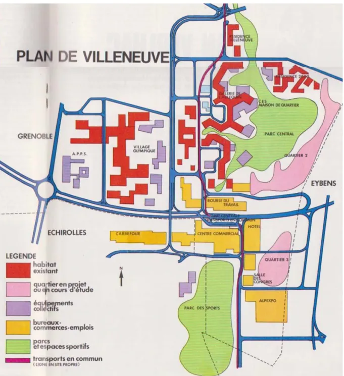 Figure 6 : Plan de la Villeneuve après la construction de la première tranche (source : Revue d'information et de  documentation, Grenoble n°38, décembre 1973 p.21) 