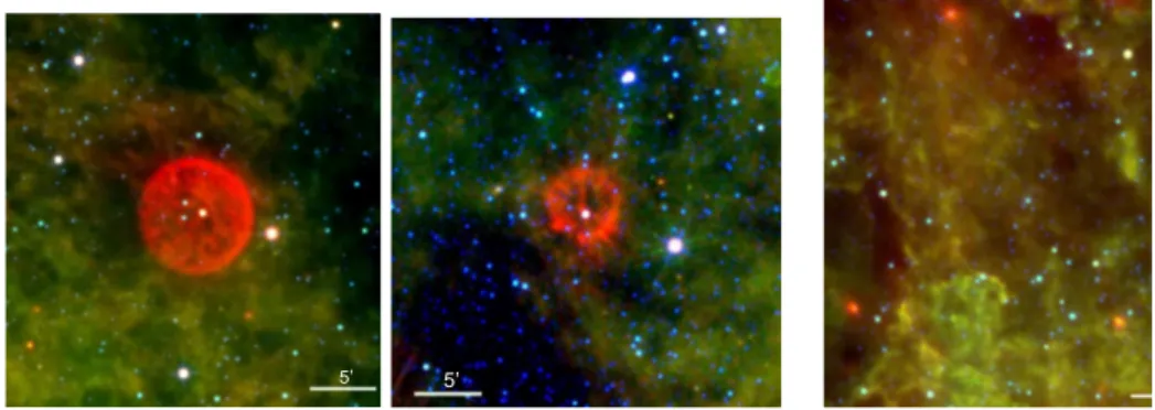 Figure 6. Examples of the three stages in WR nebula morphologies: from left to right - bubble (WR16), clumpy phase (WR8), and mixed phase (WR35b)