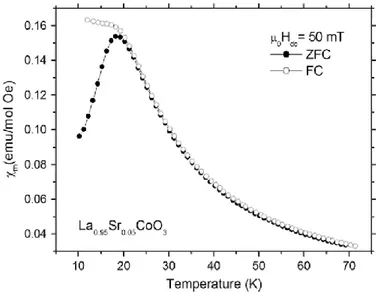 Fig. 5. ZFC and FC magnetic susceptibility curves for La 0.95 Sr 0.05 CoO 3  sintered at 1300 °C