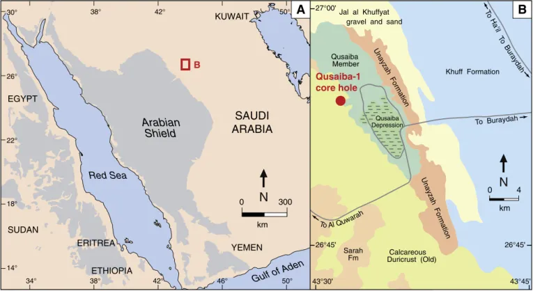 Fig. 1. Location maps for the Qusaiba-1 core hole. (A) Map of the Arabian Peninsula showing the location of the north-western part of the Buraydah quadrangle in Qasim region, central Saudi Arabia (red box)