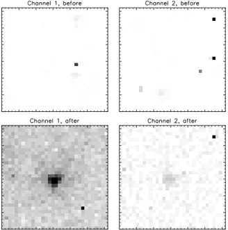 Figure 1. Images obtained before and after our WASP-18 obser- obser-vations. All images are linearly scaled (inverse grey scale) between 0 and 10 MJy/sr