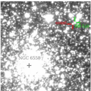 Fig. 1.— Finding chart for OGLE-2015-BLG-0448. We marked the center of the globular cluster NGC 6558 (core radius and half-light radius of 0.′ 03 and 2.′ 15, respectively), the event  (base-line brightness I = 16.34 mag), and the neighboring RR Lyr star OG