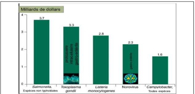 Figure 1.8. Coûts annuels estimés pour les maladies causées par les cinq principaux  pathogènes alimentaires aux États-Unis