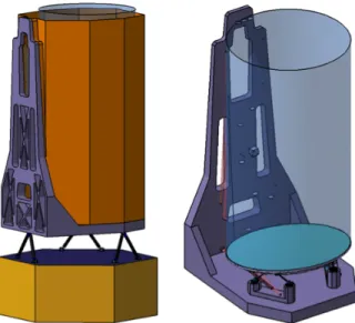 Figure 5. Opto-mechanical views of the telescope with the payload, showing in particular the L-shape base plate on which the optical elements are fixed