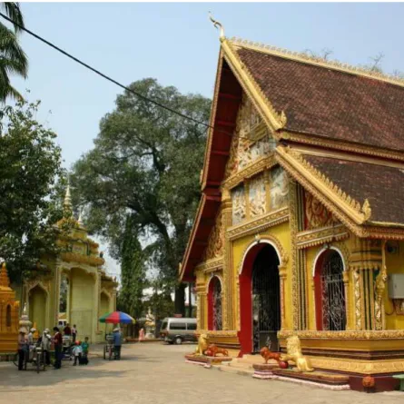 Fig.  2 :  L’entrée  du  temple  du  Wat  Si  Meuang  et  les  marchands  ambulants.  Source :  http://asiaforvisitors.com/laos/vi entiane/watmuang/ 