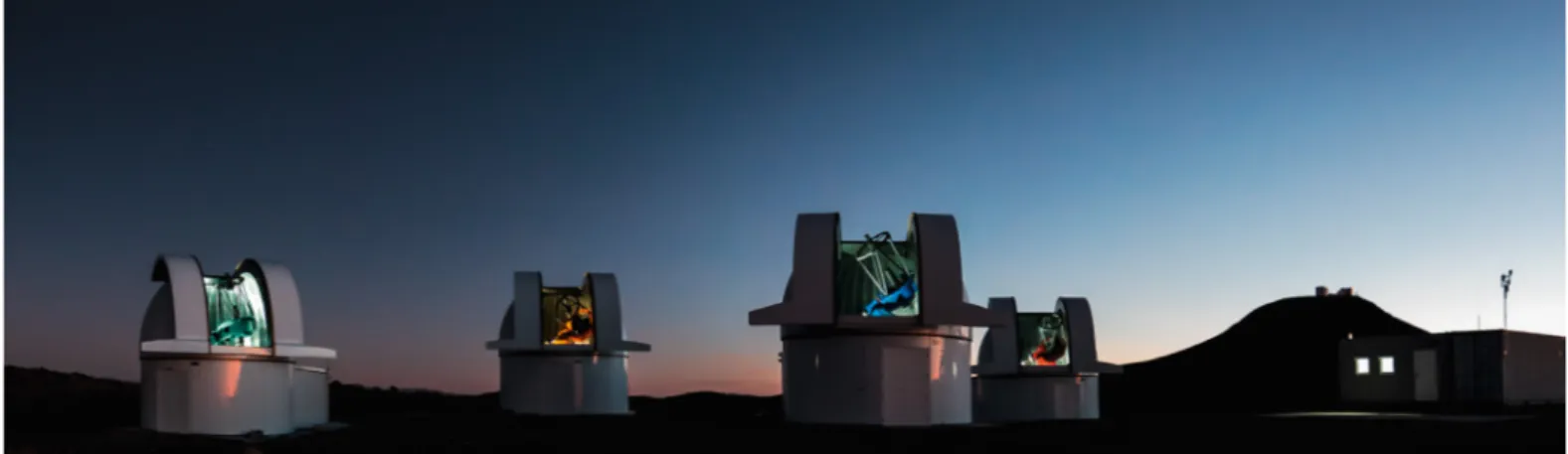 Figure 1. The four 1-metre telescopes Io, Europa,  Ganymede, and Callisto (from right to left) a  of   the SPECULOOS Southern Observatory starting the  night under Paranal’s sky