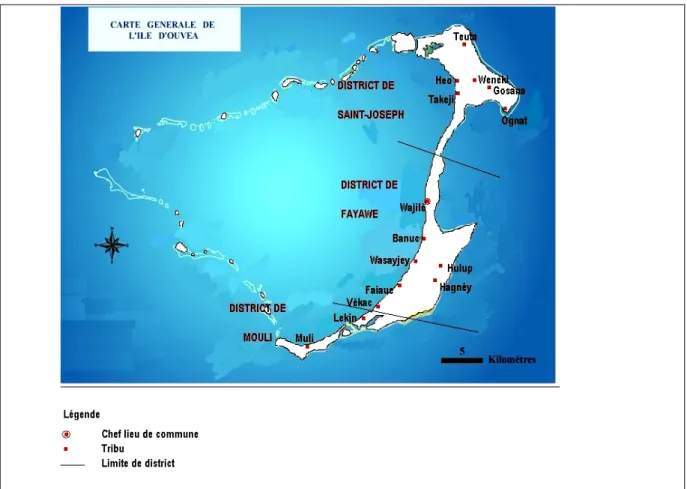 Figure 3. Carte de l'archipel d'Ouvéa qui matérialise les trois districts administratifs de l'île ainsi que les  différentes chefferies