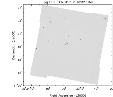 Fig. 2. Mosaic image of the core of Cyg OB2 as seen with the Optical Monitor through the UVW1 (left) and UV M2 (right) filters during observation 5
