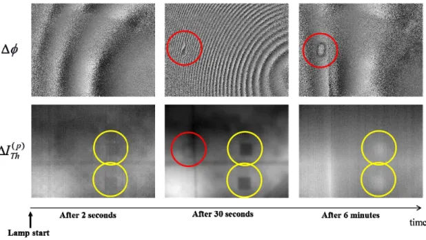 Figure 12. Series of time interferograms and thermograms showing the complementarity between thermography and ESPI for  detecting different defects