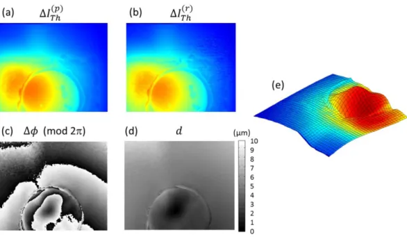 Figure 8. (a) Temperature variation obtained by preliminary thermogram capture, (b) temperature variation obtained by  reconstruction through the phase-shifting approach, (c) phase variation (modulo 2π), (d) grey level deformation map  corresponding to (c)