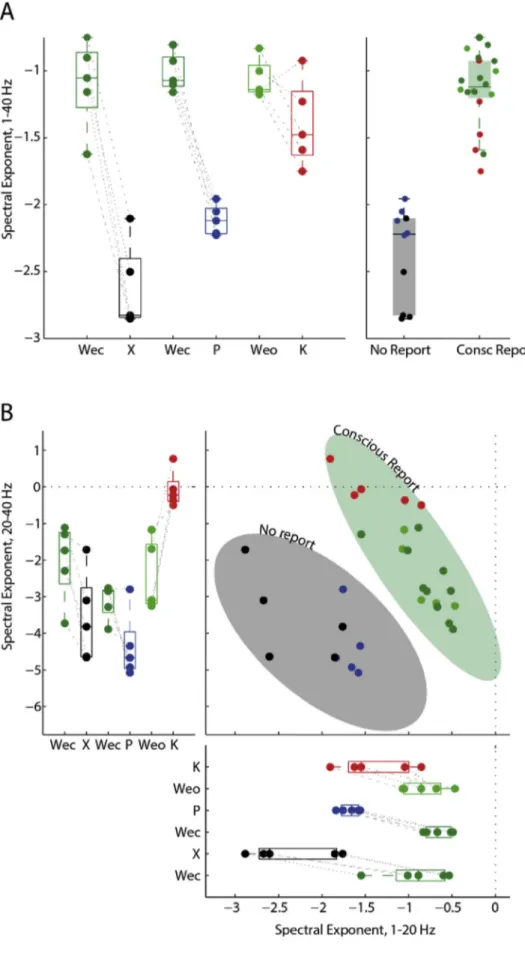 Fig. 4. The spectral exponent reliably sepa- sepa-rates conditions where a conscious report could be obtained (wakefulness, ketamine) from conditions where no report could be obtained (xenon, propofol)