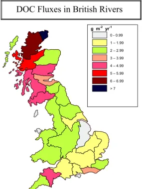 Figure 2.4.a. Regional variation in DOC specific fluxes in British rivers (after Hope et al.,  1997)