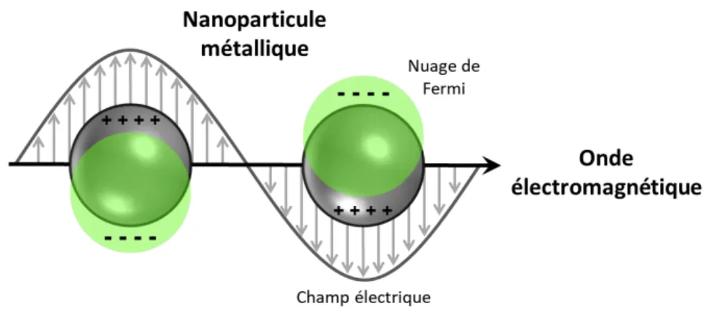 Figure 2.4 : Illustration de l'interaction d'une nanostructure métallique en résonance avec une onde  électromagnétique incidente 
