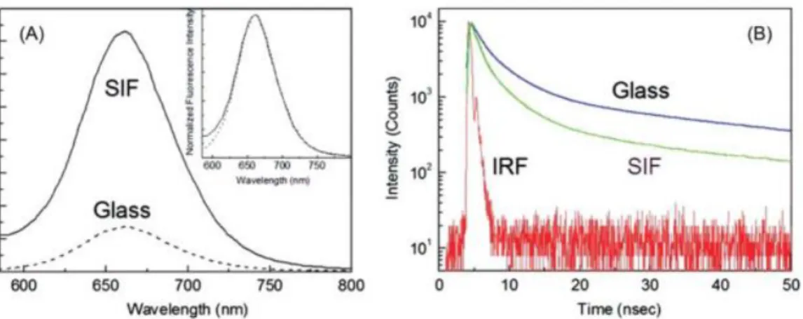 Figure 2.10 : Démonstration expérimentale du MEF par (A) l'exaltation de signal perçu pour une surface  supportant des îlots d’argent (SIF) et une monocouche de CdTe fluorescente, et (B) la diminution du temps 