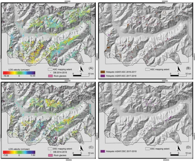Figure 6.  Deformation maps (A,C) and active hotspot areas (B,D) mapped from Sentinel-1 images processed  with the FASTVEL MTA algorithm available in the Geohazard Exploitation Platform (GEP) compared to rock  glaciers and natural hazard events recorded