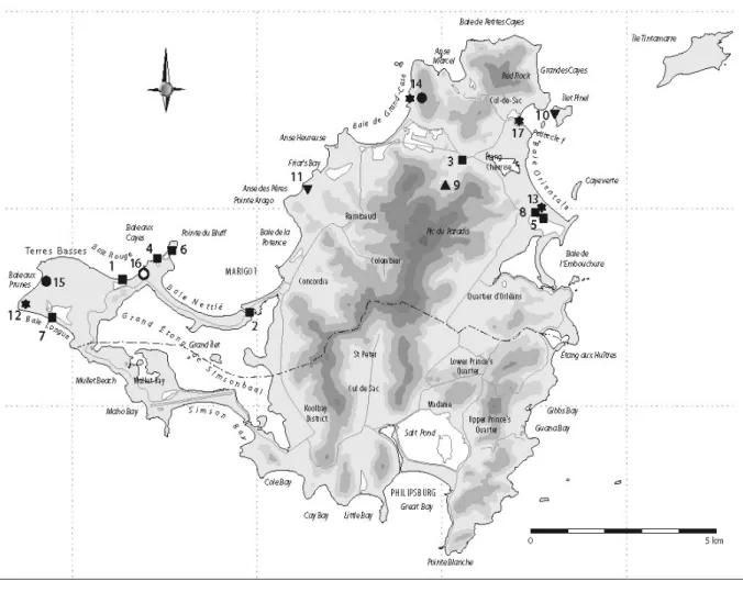 Fig 2 : Carte des sites archéologiques de l’île de Saint-Martin (Bonnissent : 2007). 