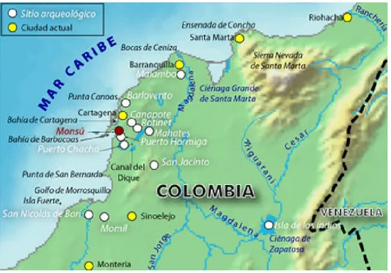 Fig. 6 : Carte du Site de Monsu et sa région. Les sites archéologiques sont en blanc, Monsu est  en rouge et les villes actuelles en jaune (Carvajal : 2012).