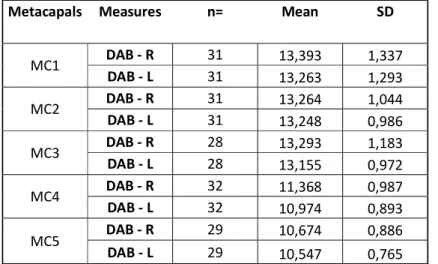 Table 14. Results of the means and standard deviation (SD) of the DAB measure for all MC