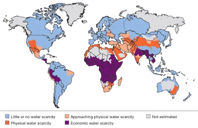 Figure 1.1: Physical and economic water scarcity in the world (Molden et al., 2007).
