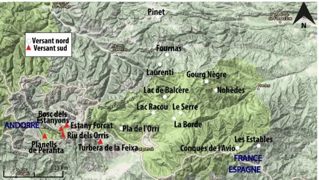 Figure  1.  Localisation  des  principaux  sites  polliniques  des  Pyrénées  orientales  enregistrant  des  séquences holocènes et situation du site analysé dans ce mémoire (Conques de l’Avió) : en Andorre,  Estany Forcat (2531 m), Riu dels Orris (2390 m)
