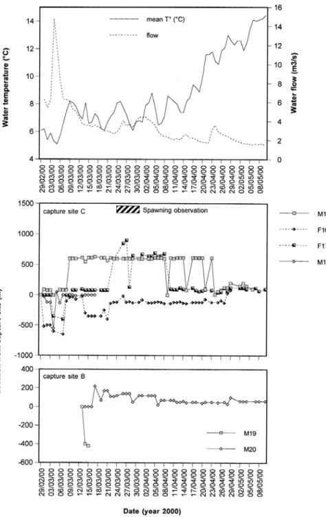 Fig. 4. Variations of water level and mean water temperature in the River Aisne during the study in 2000 (upper graph) and positions of the radio-tagged grayling (lower graph)