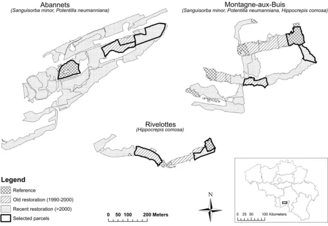 Figure 1 -- Study region (Viroin Valley, Southern Belgium) and selected parcels of the three 135 