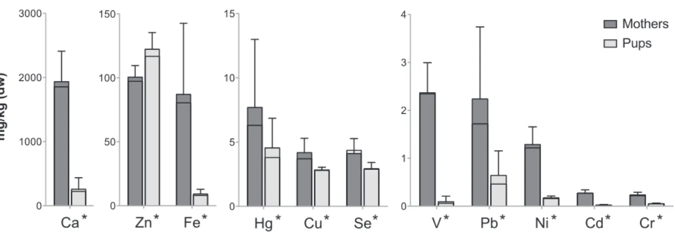 Fig. 3. Element concentrations in hair of grey seals. Comparison of levels (mean ± SD; mg/kg dw) between maternal hair (dark grey bars) and pup lanugo (light grey bars).