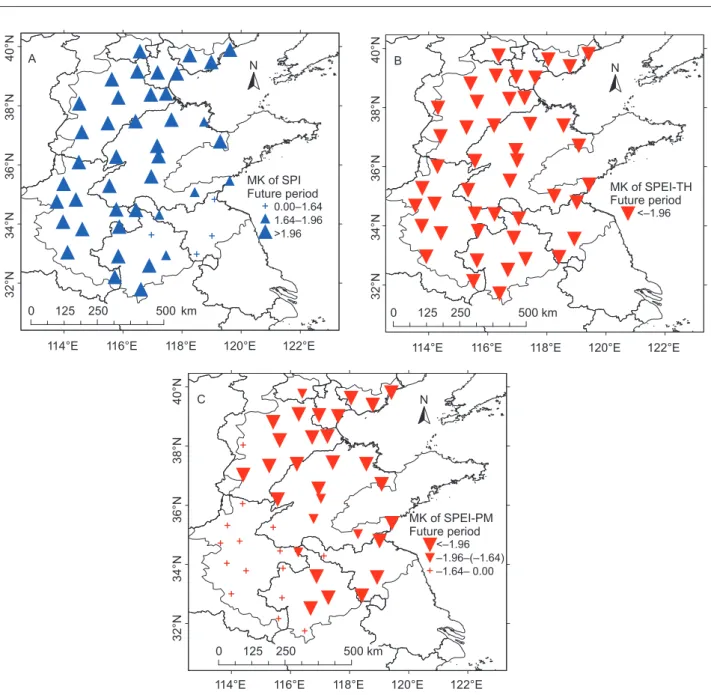 Fig. 10  Trend variations of annual SPI-3 (A), SPEI-TH3 (B), and SPEI-PM3 (C) in the 3H Plain under future climate change  (2010–2099).