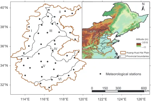 Fig. 1  Location of the Huang-Huai-Hai Plain and the meteorological stations used in this study