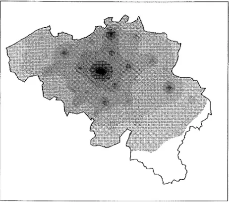 Figure 5. Population (1981) potential field achieved by raster processing over the 43  Belgian districts