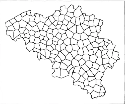 Figure 1. Voronoi tessellation achieved by raster processing and applied to a sample of  13elgian tocans (original data : Grimmeau 1980)