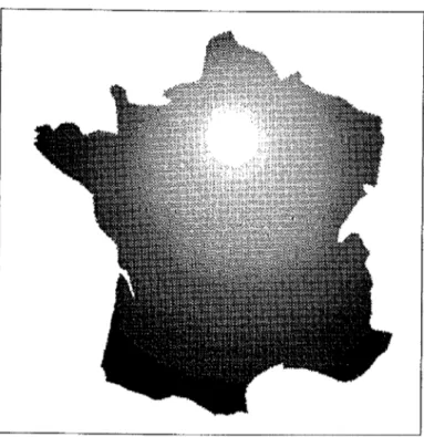 Figure 3. Continuons surface of the Weber location model achieved by  raster processing and applied to a didactical example (original data  Scharlïg 1973)