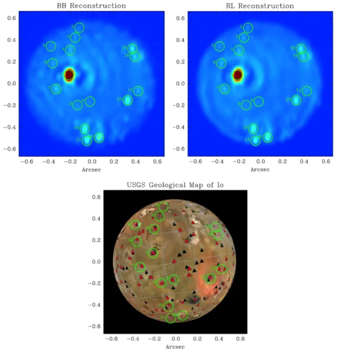 Figure 4. Results from two independent deconvolution methods, BB and RL, shown ( top ) together with a USGS map of Io ( Williams et al