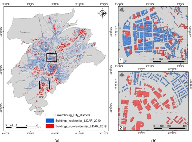 Figure 10. Residential and non-residential buildings based on ALS point cloud (2019) and cadastral  data in Luxembourg City (a); (b) Ville Haute as a residential district (at the right top, b-1), and  Gasperich a non-residential part (at the right bottom, 