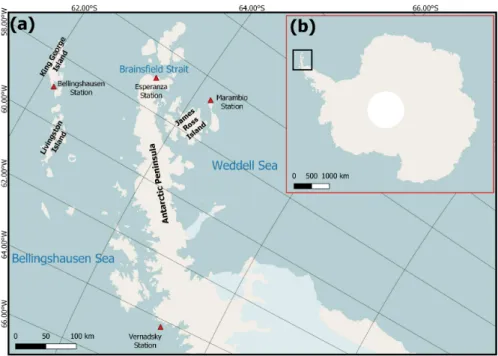 Figure 1. (a) Map of the location of James Ross Island east of the northern Antarctic Peninsula, the adjacent islands, research stations and ocean regions mentioned in the text