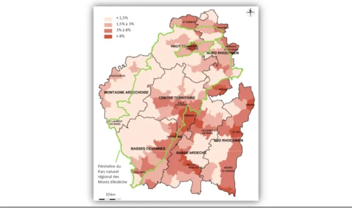 Figure 1 : Part des espaces urbains, Assistance/Conseil pour la définition de stratégies foncières à l’échelle du Pays de  l’Ardèche méridionale et du PNR des Monts d’Ardèche (d’après SAFER – Blézat Consulting, 2008) 