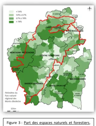 Figure  3 :  Part  des  espaces  naturels  et  forestiers,  Assistance/Conseil  pour  la  définition  de  stratégies  foncières  à  l’échelle  du  Pays  de  l’Ardèche  méridionale  et  du  PNR  des  Monts  d’Ardèche  (d’après SAFER – Blézat Consulting, 200