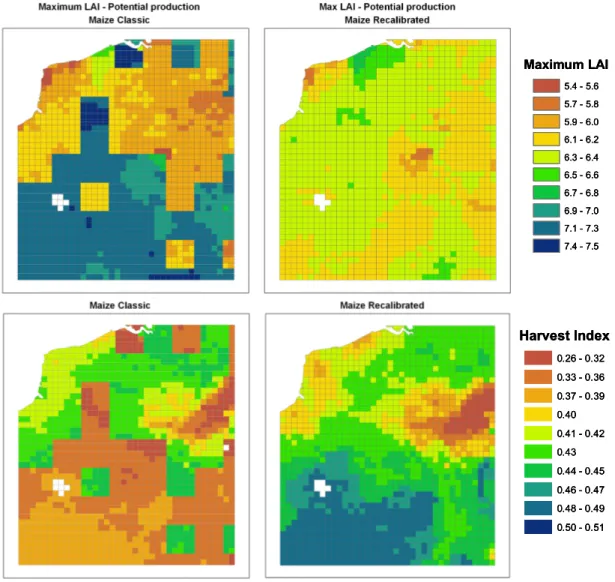 Figure 6. Spatial distribution of the average maximum leaf area index (LAI) and harvest index for grain maize  over the study site 