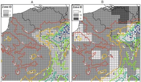 Figure 2. Winter wheat variety zonation for ‘recalibrated’ (A) and ‘classic’ (B) simulations  Maps are overlayed with isopleths derived from GTOPO30