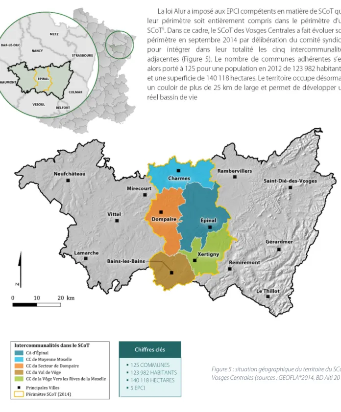 Figure 5 : situation géographique du territoire du SCoT des  Vosges Centrales (sources : GEOFLA®2014, BD Alti 2012) 