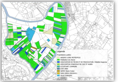 Figure 22 : cartographie des parcelles publiques sur l'île Saint Aubin   [Source : Angers Loire Métropole ; J.CHERRUAULT] 